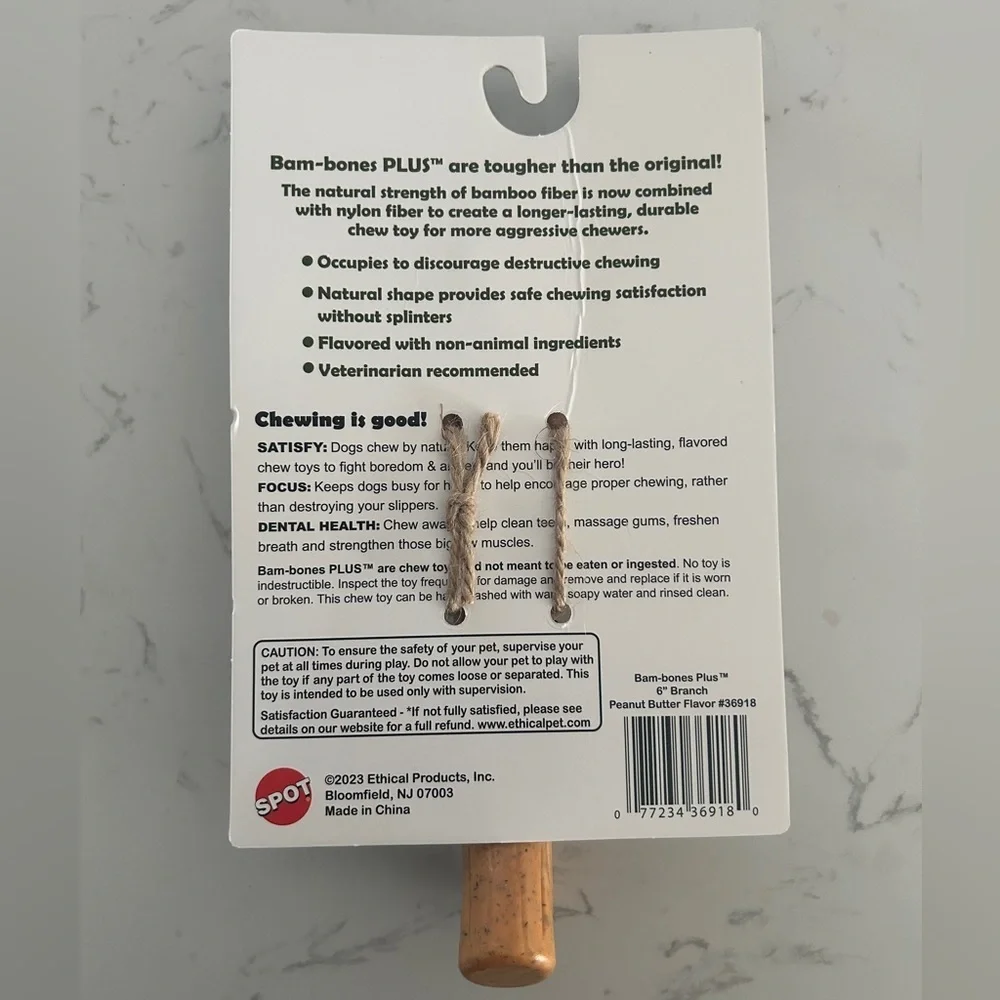 SPOT Bam-Bones PLUS Dog Chew Toy - 6-Inch Y-Shaped, Peanut Butter Flavor- NWT